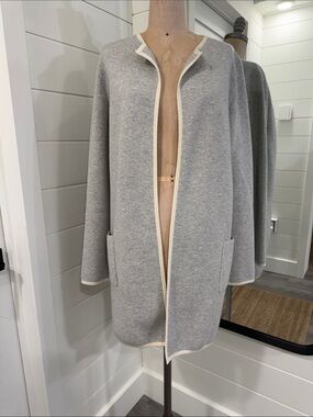 The White Company Gray Open-Front Cardigan with Cream Trim